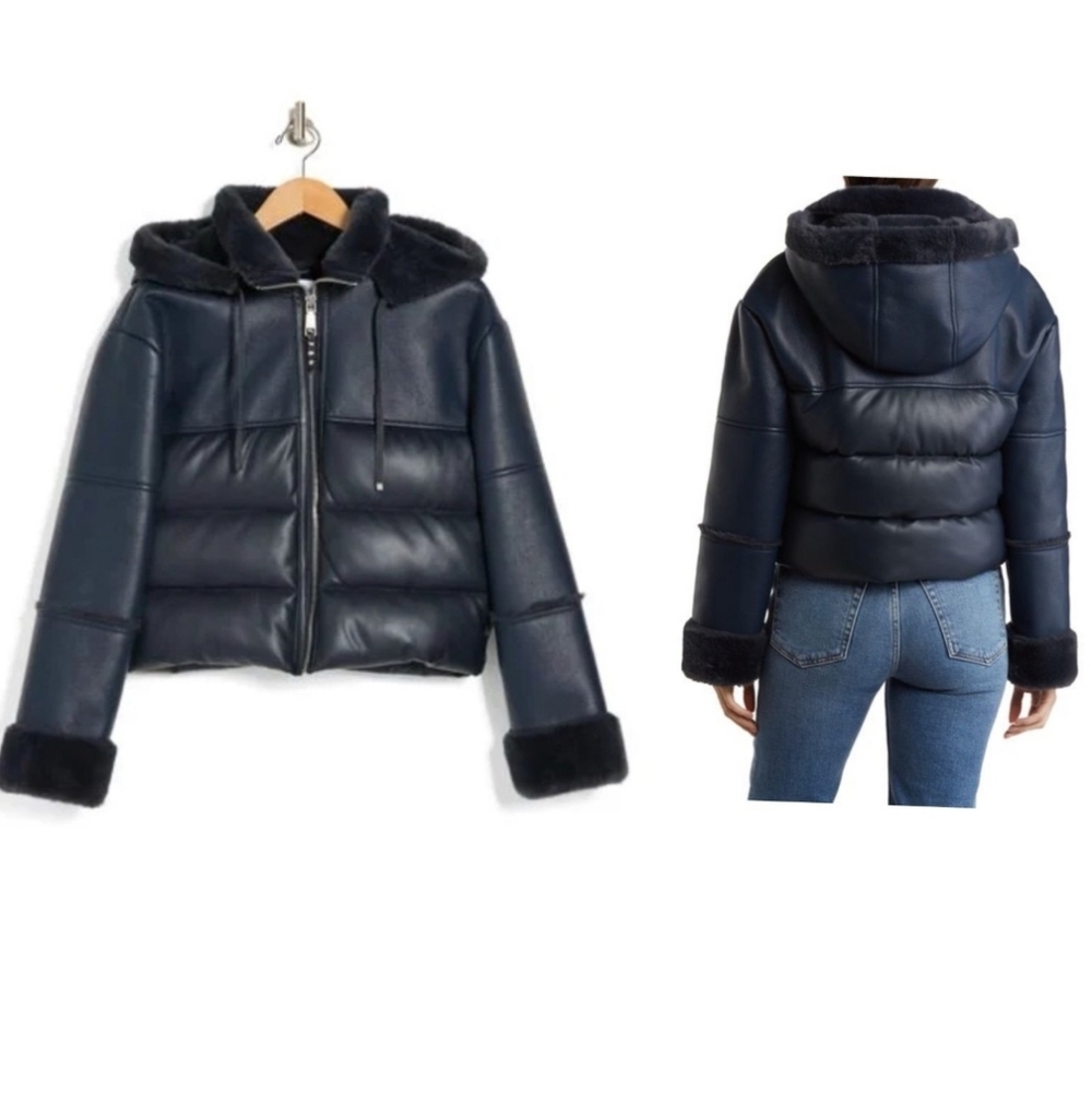 Rebecca Minkoff Dark Blue Puffer Jacket with Faux Fur NWT Size M